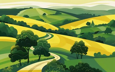 Vector illustration. Plain hilly landscape with road and trees in yellow-green colors which is very beautiful