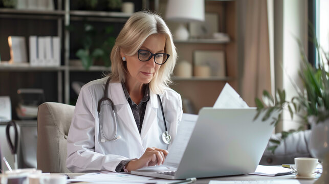 Mature woman therapist working on laptop, sit at desk with papers, prepare treatment plan, check patient medical records, make research and clinical guidelines, reviewing data, do administrative task