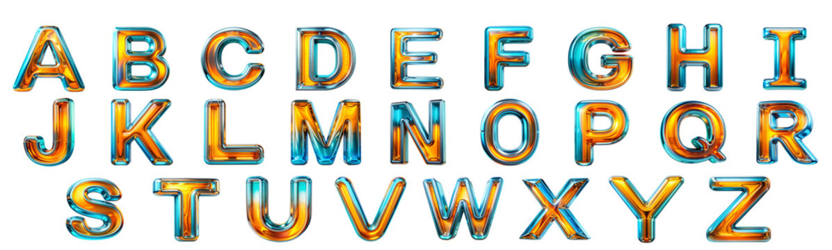 Abstract 3D letters of the English alphabet in vibrant colors,Decorative characters,  neon gradient with shades of yellow and blue, set against a transparent background.