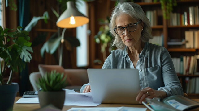 
Mature woman therapist working on laptop, sit at desk with papers, prepare treatment plan, check patient medical records, make research and clinical guidelines, reviewing data, do administrative task