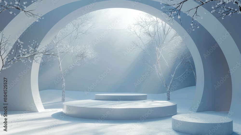 Poster 3d render of abstract winter scene with geometrical forms, arch with podium, minimal background, sur