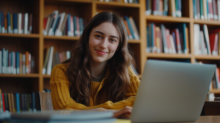 Portrait of happy attractive student girl posing for camera seated at desk with laptop and textbook, enjoy education in university, preparing for exams or high-school admission, studying in library