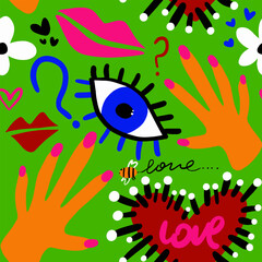 Abstract Hand Drawing Retro Graffiti Cartoon Eyes Hearts Flowers Hands Lips and Question Marks Seamless Vector Pattern Isolated Background