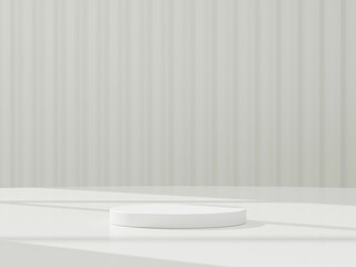 Abstract white 3D room with realistic white cylinder pedestal podium set. Minimal scene for product display presentation. 3D rendering geometric platform. Stage for showcase.