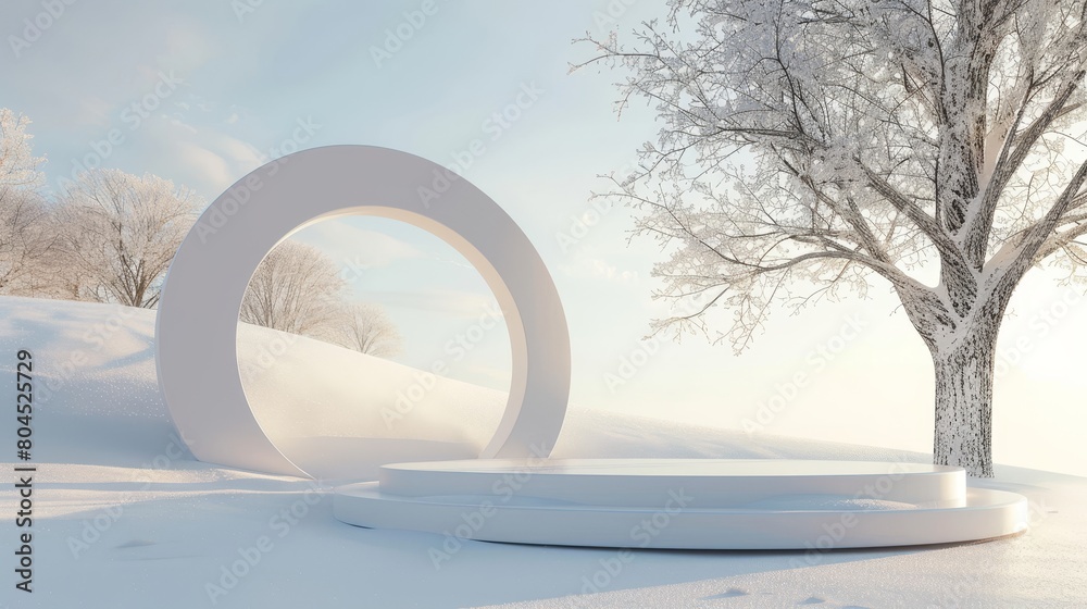 Aufkleber 3d rendering of geometric winter scene in natural light, with an arch with a podium.