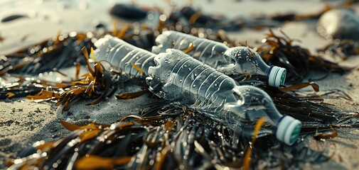 A close up shot of a cluster of plastic water bottles stuck in seaweed on the beach