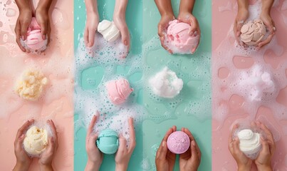 Hands lathering bath bombs