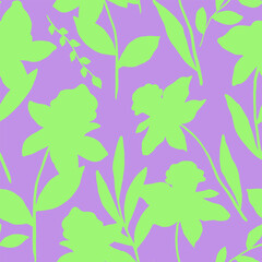 Abstract Hand Drawing Two Colors Daffodil Flowers and Leaves Seamless Vector Pattern Isolated Background