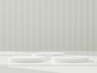 Abstract white 3D room with realistic white cylinder pedestal podium set. Minimal scene for product display presentation. 3D rendering geometric platform. Stage for showcase.