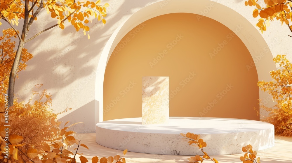 Aufkleber Autumn scene with geometrical forms, arch and podium in natural daylight. Background rendered in 3D.