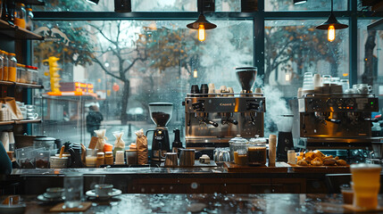 Obraz premium A bustling coffee shop, with steaming espresso machines as the background, during a rainy afternoon escape