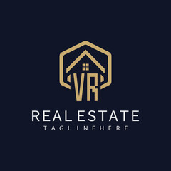 VR initial monogram logo for real estate with home shape creative design.