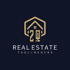 ZQ initial monogram logo for real estate with home shape creative design.