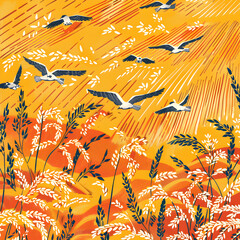 Pattern design, grain harvest theme, rice pattern. 