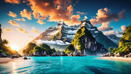 Obraz premium Aerial view of a picturesque place somewhere in Asia, stunning mountains, green slopes, coastline with rocks and crystal clear water. View of the beautiful coastline