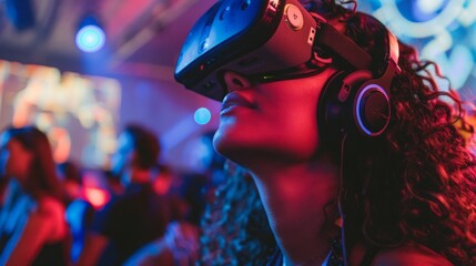 A woman is wearing headphones and a virtual reality headset, engaging in VR technology.