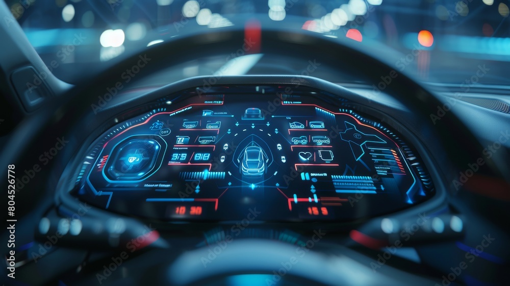 Poster A holographic display depicted a realistic car with options, parameters, and settings similar to a head-up display, a user interface, or a GUI of a car. HUD style car interface. Smart panel with car