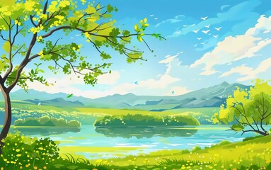 Illustration of natural spring landscape background vector design which is very beautiful