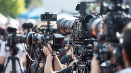 A diverse group of individuals are actively capturing moments with their cameras in a bustling scene.