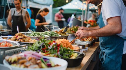 A man is seen arranging various dishes on a buffet table at a social event or catering setup.