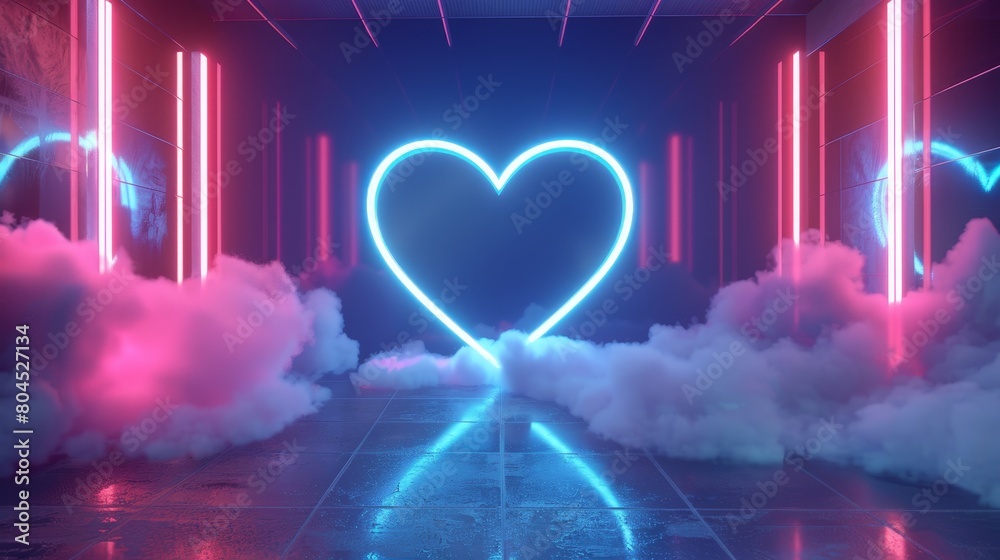 Poster This futuristic modern empty stage features a glowing neon heart shape and a cloud in front of a reflective dark room.