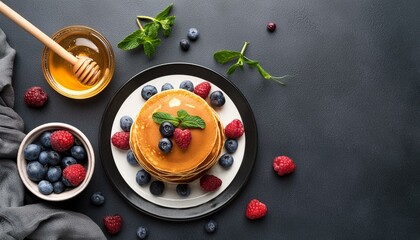 Breakfast with pancakes, honey and berries; top view; free copying area.