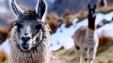 Fototapeta premium Llamas grazing in mountain pasture, close up, soft fur and curious eyes, high altitude setting -