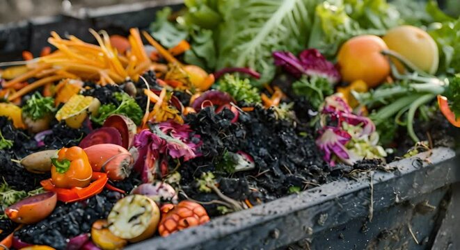 Overflowing compost bin filled with fruits and vegetable scraps: a close-up view. Concept Composting, Organic Waste, Food Scraps, Sustainable Living, Gardening