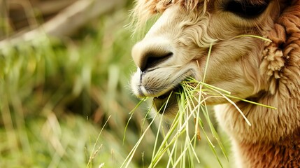 Fototapeta premium Alpaca chewing grass, close up, detailed focus on fluffy face and grass, peaceful farm scene 