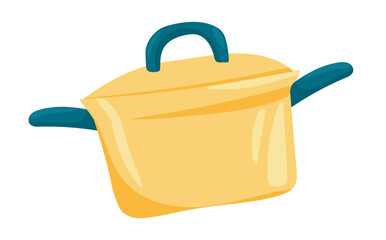 Saucepan with lid in flat design. Yellow pot for boiling and soup cooking. Vector illustration isolated.