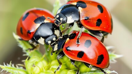 Organic pest control, close up, ladybugs on plants, natural predators at work, eco-friendly farming 