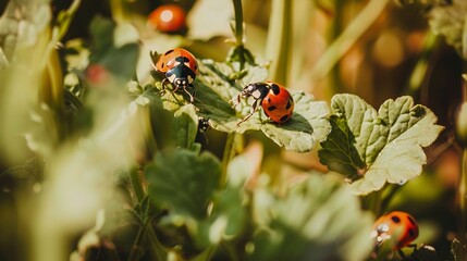 Fototapeta premium Organic pest control, close up, ladybugs on plants, natural predators at work, eco-friendly farming 