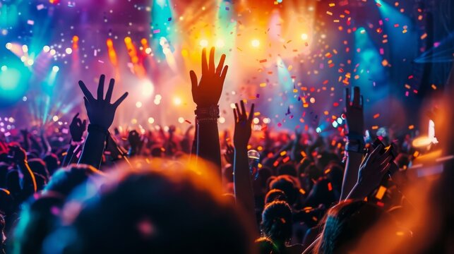 A dynamic crowd of people raises their hands in the air at a lively concert, showing excitement and solidarity.