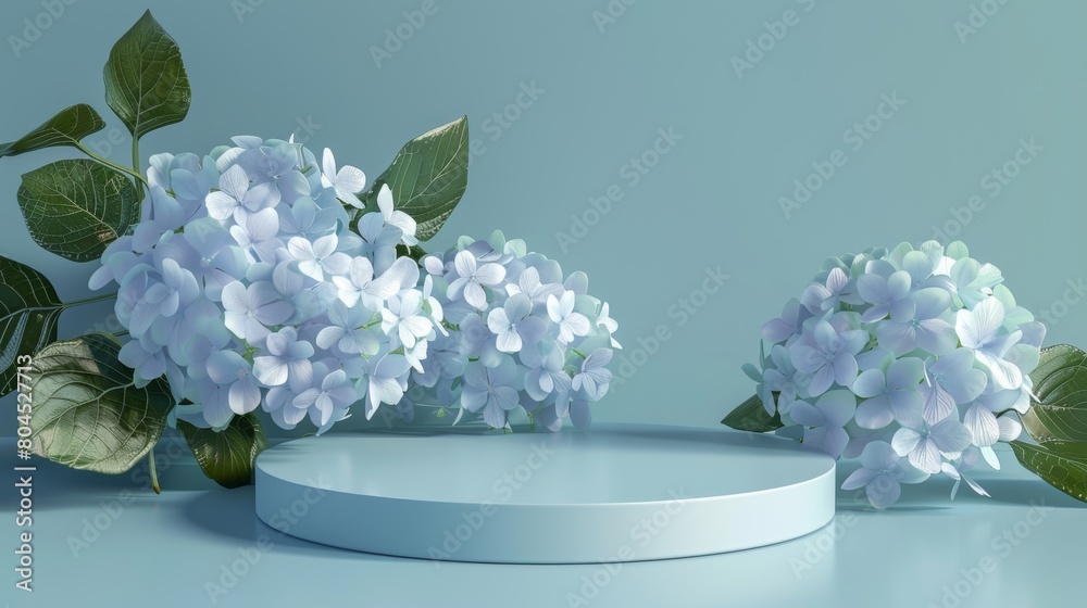 Poster an organic podium backdrop with hydrangea flowers for displaying products. a 3d render of the presen
