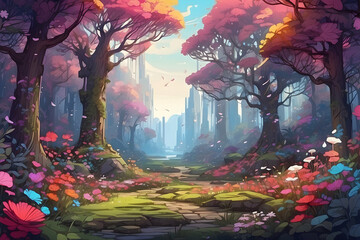 A magical and enchanting forest scene with rich colors and whimsical light, evoking a sense of wonder