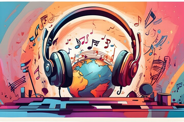 Obraz premium Vibrant artwork illustrating headphones around a globe with musical elements