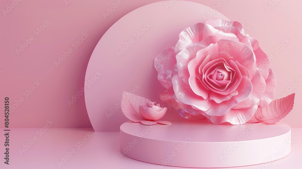 Poster background for product display with pink rose flowers. 3d model.