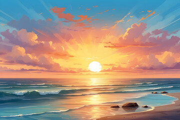 Obraz premium Captivating digital artwork of a clear sunset descending over the sea, with colorful skies and energetic waves crashing on rocks