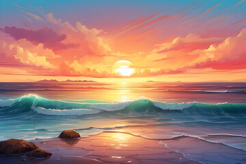 Stunning digital art of a beautiful ocean scene with vivid sunset hues set against a dramatic cloud-covered sky