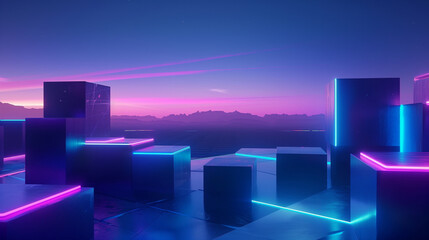 Abstract digital landscape of neon-lit cubes floating over a dynamic, futuristic grid.
