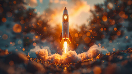 Fototapeta premium Businessman-controlled rocket is launching and soaring from hand into the sky for growing business,generative ai
