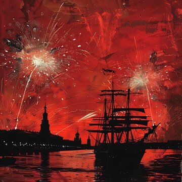 pirate ship at sea, fireworks in the red sky above, against the background of an ancient city with buildings