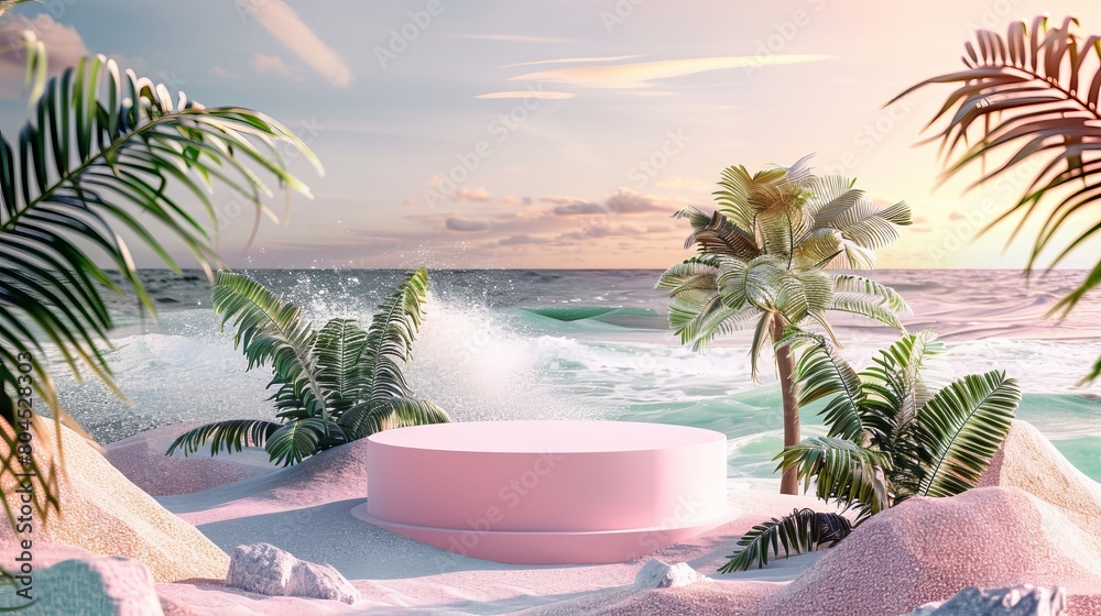 Poster summer beach scene with podium backdrop. 3d rendering.