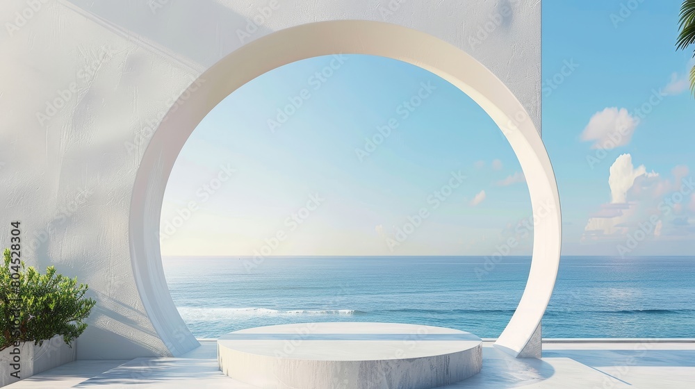 Poster Scene with geometrical forms and a podium in natural daylight. Sea view. Background in 3D rendering.
