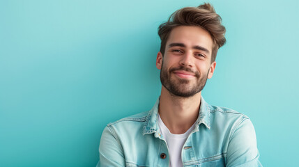 Obraz premium Young man with a charming smile, dressed in casual denim, set against a light teal background.