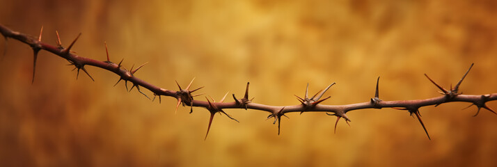 Long, narrow thorny branch stretching across the frame, set against a blurred golden background, highlighting the sharpness of the thorns.