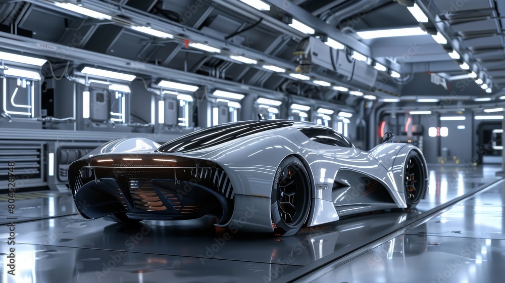 Poster Detailed rendering of a generic Technich concept car in the SciFi Factory lab with Thunderbolt technology
