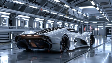 Detailed rendering of a generic Technich concept car in the SciFi Factory lab with Thunderbolt technology