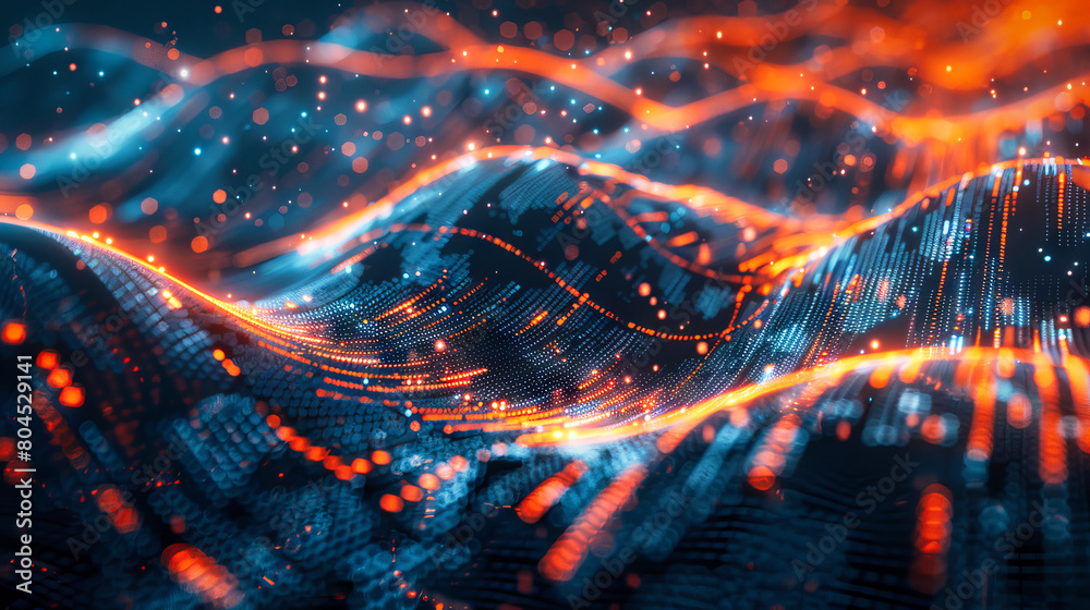 Poster glowing data binary code background with digital particles and orange lights