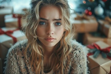 Fototapeta premium A thoughtful blonde woman surrounded by holiday gifts, with a slightly sad or contemplative expression